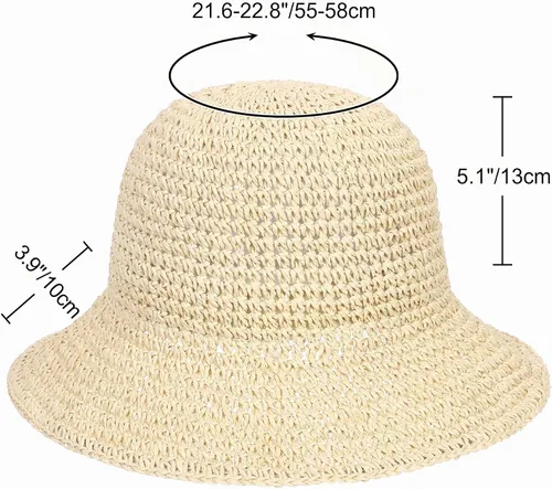 Vista 3 de Sombrero de sol para mujer, hecho a mano, cubo de paja de ganchillo para verano, plegable, gorra de viaje Beige