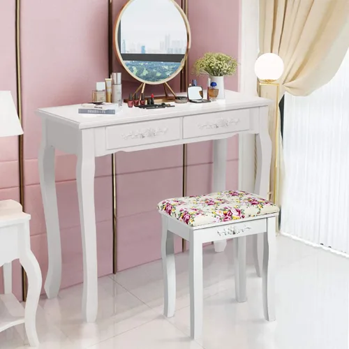 Vista 2 de Giantex Taburete de tocador de madera, silla acolchada, asiento de piano de maquillaje, banco de maquillaje con cojín rosa (blanco)