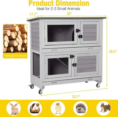 Vista 6 de Aivituvin Rabbit Hutch - Jaula de conejito para interiores y exteriores, 2 pisos, casa de mascotas, jaula de conejillo de indias con ruedas, 36