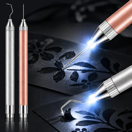 Vista 7 de Therwen 2 piezas herramientas de deshierbe LED para vinilo con gancho de alfiler con luz, bolígrafo de deshierbe iluminado para quitar vinilos