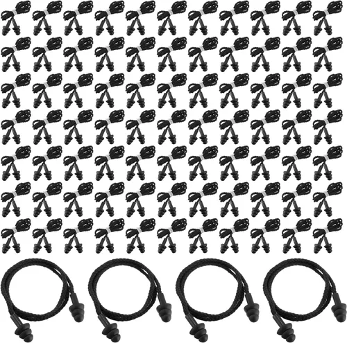 Vista 8 de Xuhal - 100 pares de tapones para los oídos negros con cable a granel, tapones para los oídos de silicona reutilizables