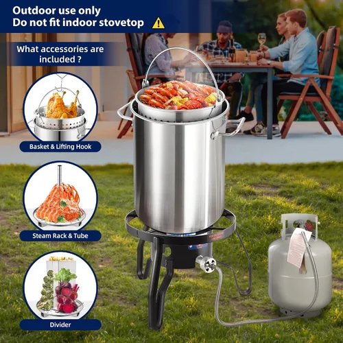 Vista 2 de ARC Olla de 32 cuartos de galón para hervir mariscos y estufa de propano para exteriores, olla de acero inoxidable para hervir cangrejos con cesta