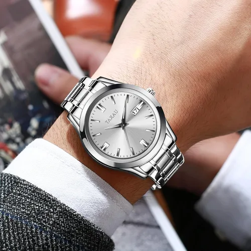 Vista 4 de Taxau Relojes analógicos de cuarzo para hombre, relojes de acero inoxidable con cara grande para hombres, relojes de pulsera para hombre con fecha