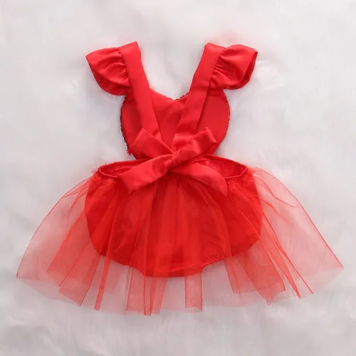 Vista 7 de Muasaaluxi Mameluco de San Valentín para niñas recién nacidas, vestido de tutú con manga volada, corazón y lentejuelas, traje de verano 0-3 años