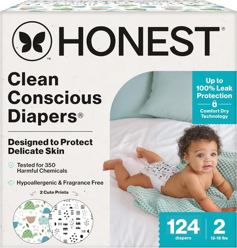 Vista 8 de The Honest Company Comfort Dry Pañales desechables para piel sensible, hasta 100% a prueba de fugas, hipoalergénicos, sin fragancia, Turtle Time