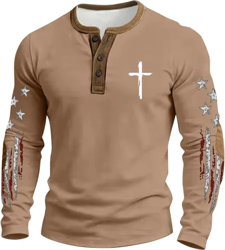 Vista 7 de Camisa Henley con la bandera estadounidense para hombre, cuello en V, manga larga, con estampado de Jesús, camiseta patriótica casual con botones