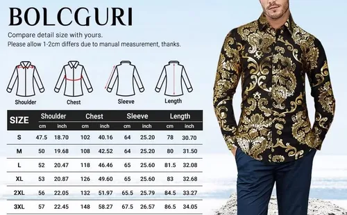 Vista 6 de Bolcguri Camisa de vestir brillante para hombre, camisa de vestir de lujo con estampado barroco, camisas de manga larga con botones S-3XL