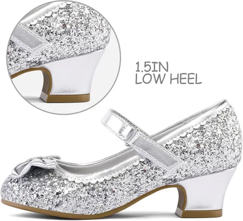 Vista 4 de K KomForme Mary Jane - Zapatos de vestir para niña, con purpurina de 1.5 pulgadas, tacón bajo, para boda, fiesta, princesa, zapatos para niños