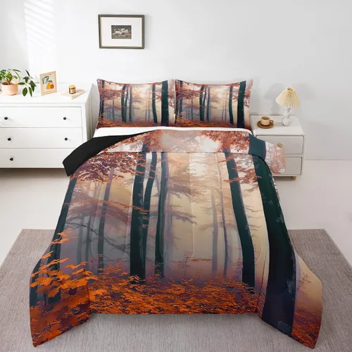 Vista 3 de Erosebridal Juego de ropa de cama con inserto de edredón de árbol brumoso para temporada de otoño, juego de edredón místico con niebla y naturaleza