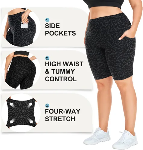 Vista 5 de MOREFEEL Pantalones cortos de ciclismo de talla grande de 8 pulgadas con bolsillos para mujer, cintura alta, control de abdomen, pantalones cortos