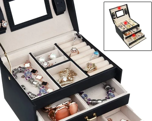 Vista 3 de Caja de joyas de piel Goldwheat con cerradura y espejo. Excelente regalo para mujeres., Cuero sintético, Negro, M