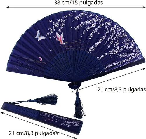 Vista 2 de Bantoye 2 ventiladores de mano, abanicos plegables de seda con marcos de bambú para bailar, cosplay, boda, fiesta, decoración, blanco y azul