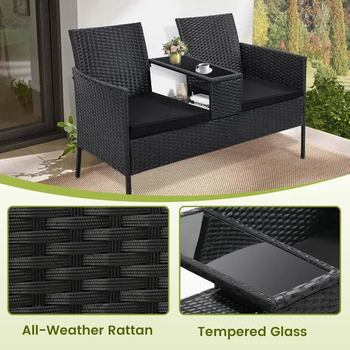 Vista 4 de Kromax Sofá biplaza de mimbre para patio de 2 asientos, sofá biplaza de Ratán negro con cojín negro
