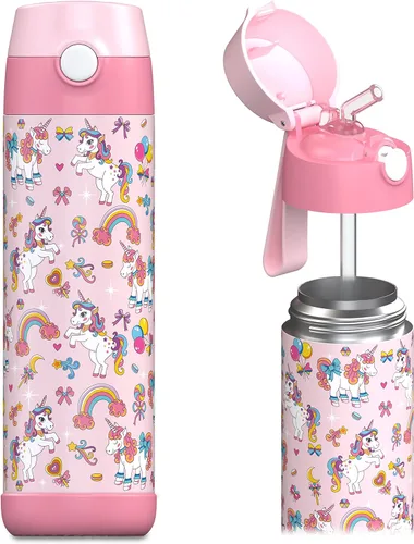 Vista 21 de Jarlson® CHARLI - Botella de agua para niños [12 onzas], botella térmica de acero inoxidable con pajilla, botella de agua aislada a prueba