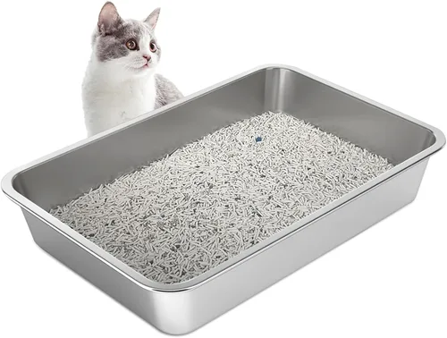 Vista 10 de Caja de arena para gatos de acero inoxidable, bandeja de arena de metal cubierta, bandejas de arena para gatos con lados altos, caja de arena