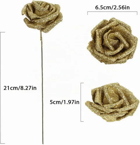 Vista 3 de 30 rosas doradas con purpurina, rosas artificiales de espuma dorada de 2.56 pulgadas con tallos para centros de mesa de despedida de soltera, ramo