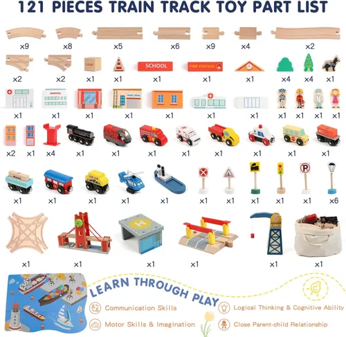 Vista 8 de Qilay Juego de tren de madera de 121 piezas con bolsa de almacenamiento, juego de pista de tren de madera Busy Port City para niños a partir de 3