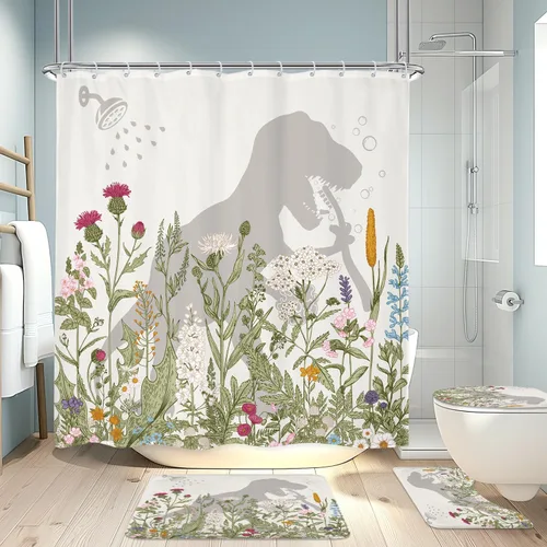 Vista 28 de LGhtyro Juego de Cortina de Ducha Divertida de Dinosaurio para Baño Pequeño 36Wx71H Pulgadas Dibujos Animados Niños Silueta de Dino Sombra de Animal
