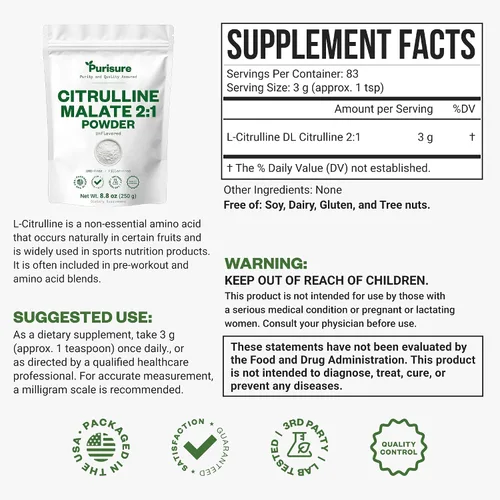 Vista 2 de Purisure L-Citrulina en polvo 8.82 oz, suplemento de malato de citrulina 2:1 de alta calidad para rendimiento de fuerza y energía, polvo de malato