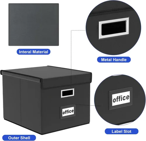 Vista 4 de Caja organizadora de archivos Huolewa con tapa, caja organizadora de carpetas de archivos colgantes de cuero sintético plegable con deslizadores