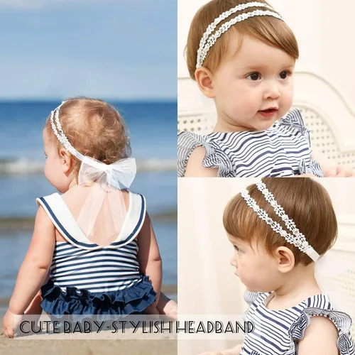 Vista 6 de DANMY Diadema súper elástica para bebé,Banda de pelo de encaje de algodón para niños,Conjunto de accesorios para el cabello de turbante suave