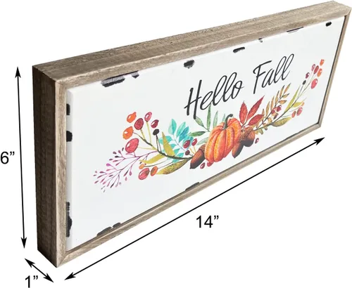 Vista 2 de Letreros de madera con texto en inglés «Hello Fall» para decoración de pared para el hogar, cocina, casa de campo, chimenea, centro de mesa, madera
