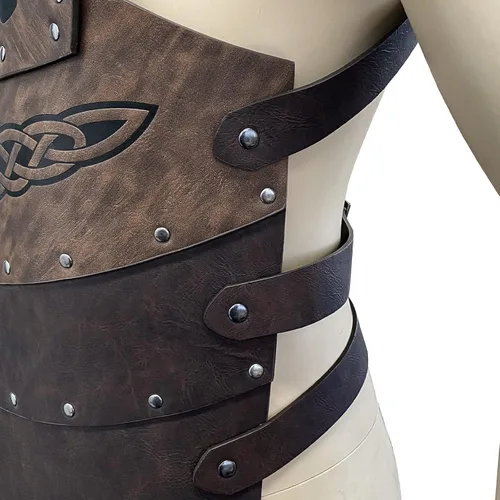 Vista 3 de HiiFeuer Viking - Casco de piel sintética en relieve armadura de pecho con hacha armadura de cuero de caballero medieval retro para LARPCosplay