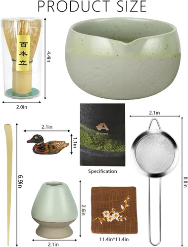 Vista 2 de Artcome Juego de herramientas Matcha: cuenco con boquilla de vertido, batidor, soporte para batidor, cuchara de té, colador matcha, cuchara de té
