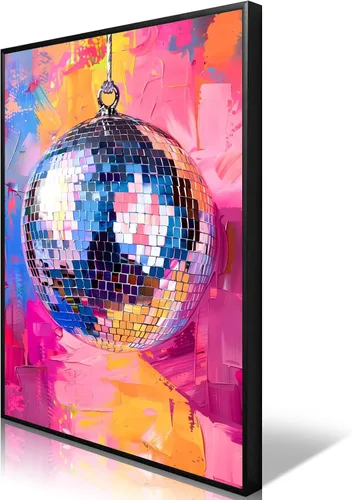 Vista 14 de Arte de Pared en Lienzo de Bola de Discoteca Rosa Suave de Moda, Póster con Textura de Bola de Espejo Plateada Funky para Chica, Impresión
