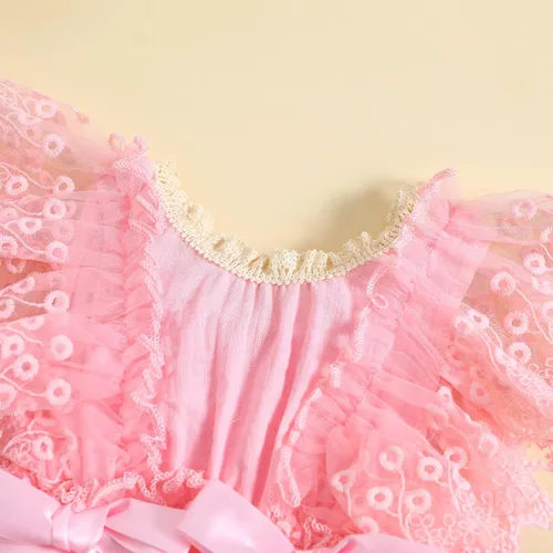 Vista 3 de Mameluco de burbujas para bebé niña con encaje y tutú con mangas con volantes, traje de verano