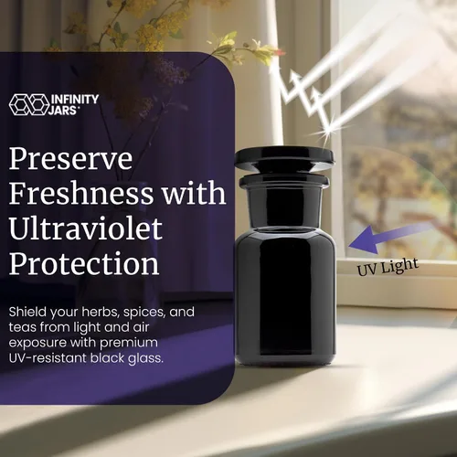 Vista 2 de Infinity Jars 50 ml (1.69 fl oz) Tarro de vidrio negro con bloqueo ultravioleta, hermético, a prueba de olores, recargable, para hierbas, especias