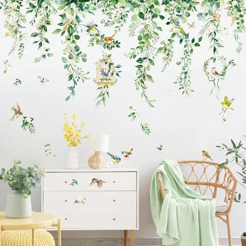 Vista 4 de Supzone Calcomanías de pared colgantes de hojas de vid – 45 x 28 pulgadas, hojas de eucalipto verdes, flores, pájaros, calcomanías de pared
