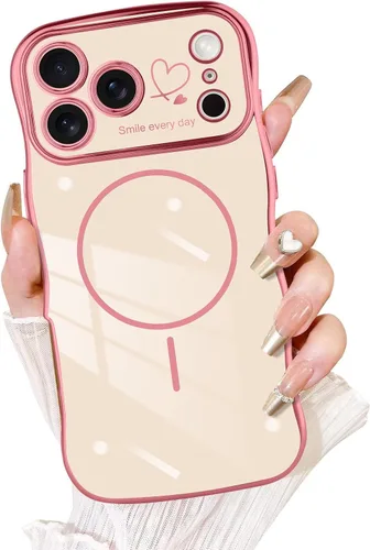 Vista 8 de Fiyart - Funda diseñada para iPhone 16 Pro, marco de onda lindo con forma rizada, corazones de amor chapados para mujeres y niñas, protección