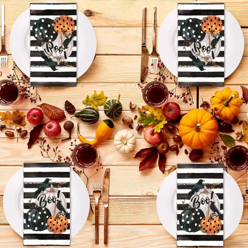 Vista 7 de Servilleta de papel de 3 capas desechable para invitados de Halloween, toalla de mano con rayas de calabaza y cuervo, servilletas de cena
