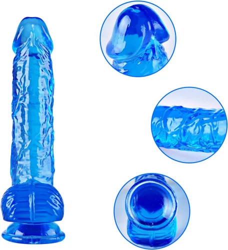 Vista 4 de Consoladro pequeño realista azul de 6.4 pulgadas, consolador delgado y lindo para el punto G y estimulación anal con potente ventosa y bola