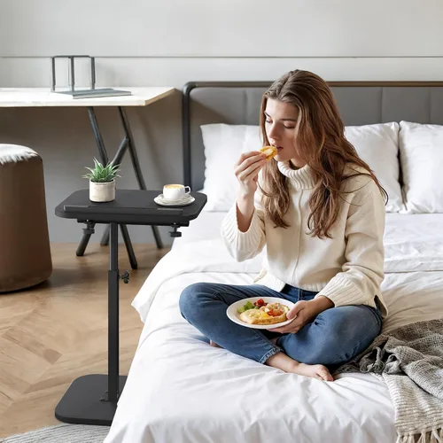 Vista 6 de Mesa de bandeja de TV, bandeja para reposabrazos lateral de sofá, altura ajustable, abatible, mesa auxiliar de aperitivos con giro de 360° e Negro