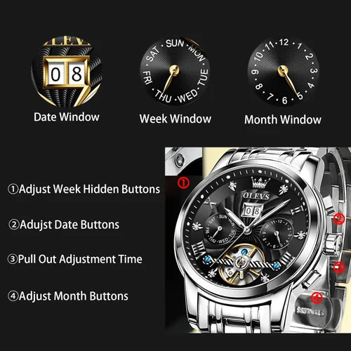 Vista 5 de OLEVS Relojes automáticos para hombre, reloj mecánico de lujo con cuerda automática, Tourbillon, reloj de esqueleto, reloj de negocios con diamantes