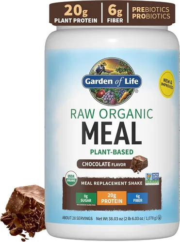 Vista 2 de Garden of Life Sabroso batido orgánico de reemplazo de comida de chocolate vegano, 2.4 libras y proteína orgánica cruda y chocolate verde, proteína