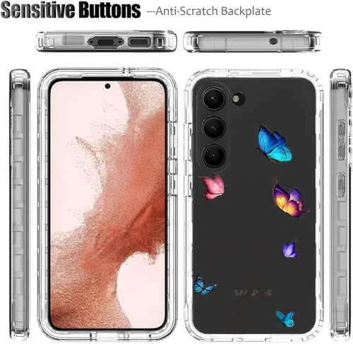 Vista 5 de Funda para Galaxy S23, Samsung S23 con protector de pantalla de vidrio templado, patrón de mariposa transparente de cuerpo completo, funda