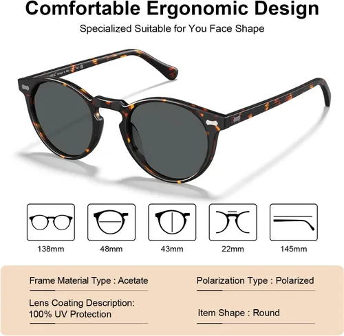Vista 46 de CARFIA Gafas de sol polarizadas de acetato redondo para mujer, protección UV de cara pequeña con funda de cuero CA5288