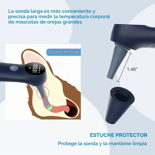 Vista 3 de Termómetro de orejas para mascotas, para perros, gatos y ganado, diseño de sonda larga, botón dedicado de conversión de ℃/℉ e interruptor de sonido