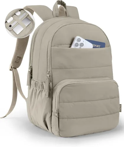 Vista 12 de Mochila de viaje Uselike para mujeres, mochila para portátil de 15.6 pulgadas, mochila universitaria acolchada, mochilas de trabajo bonitas, Beige