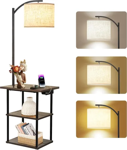 Vista 7 de PESRAE Lámpara de pie con mesa, lámparas para mesita de noche con estación de carga (USB y tipo C y puerto de CA), bombilla LED de 3 temperaturas