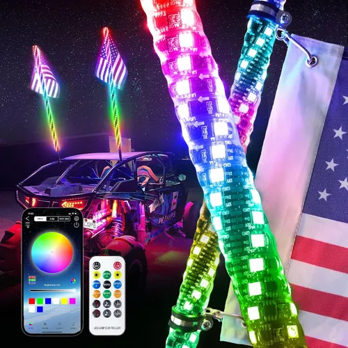 Vista 5 de Luces LED de Látigo de 4 Pies para UTV RGB Luz de Persecución/Baile Control Remoto Compatible con APP, Más de 600 Combinaciones de Modos