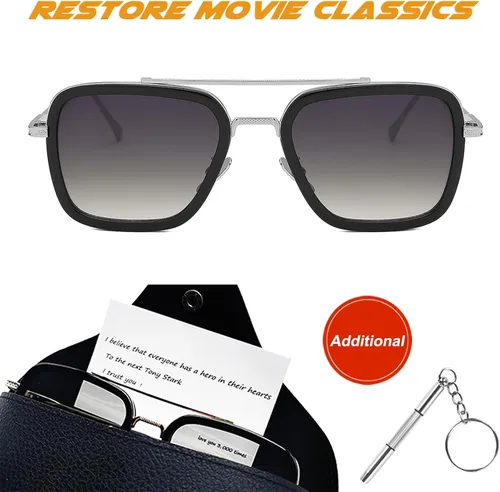 Vista 6 de SHEEN KELLY Trendy Square Pilot Sunglasses Men Women Vintage Rectangular Metal Frame Shades Eye Glasses Tony Stark