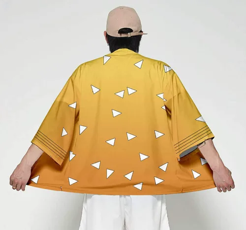 Vista 2 de Demon Slayer Kimetsu no Yaiba Cosplay traje vestido de fiesta para hombre Kimono capa Agatsuma Zenitsu XL amarillo