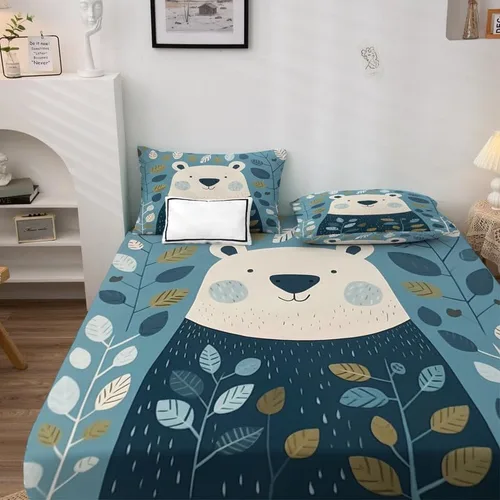 Vista 3 de Bear Sheets - Juego de sábanas de tamaño individual, sábanas de animales del bosque de dibujos animados, microfibra suave y bolsillo profundo
