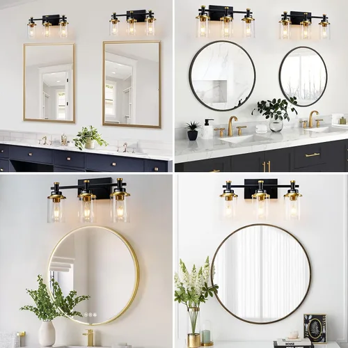 Vista 7 de Accesorios de Luz de Baño de 3 Luces, Accesorio de Luz de Tocador Negro y Dorado Cepillado Sobre Espejo, Apliques de Pared Modernos Iluminación