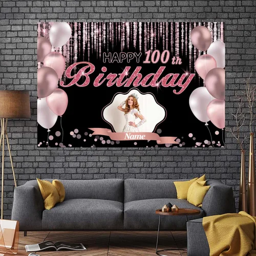 Vista 7 de Cartel de decoración de feliz cumpleaños número 100 de oro rosa, tamaño grande, personalización con nombre y foto compatible