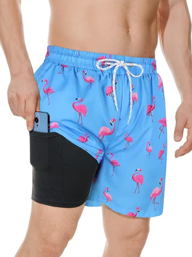 Vista 3 de Century Star Traje de baño para hombre con forro de compresión de secado rápido con bolsillos 01 Flamencos azul cielo